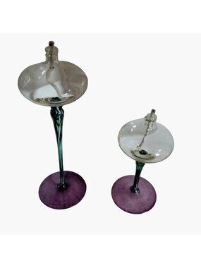 Handcrafted Glass Oil Candles Purple Base Green Swirled Stem Tall Pair